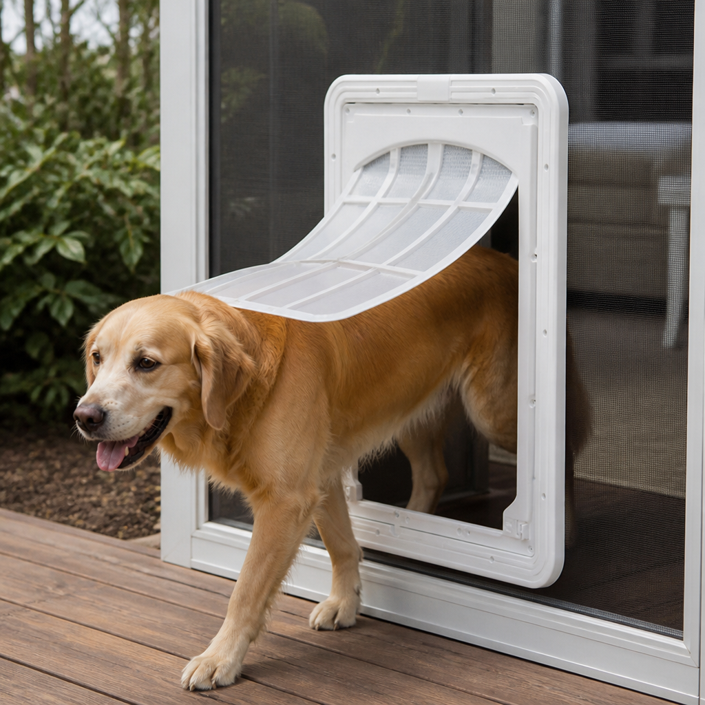 DogBedHouse 4-Way Self-Closing Dog Screen Door (Fits Screen Doors & Windows)