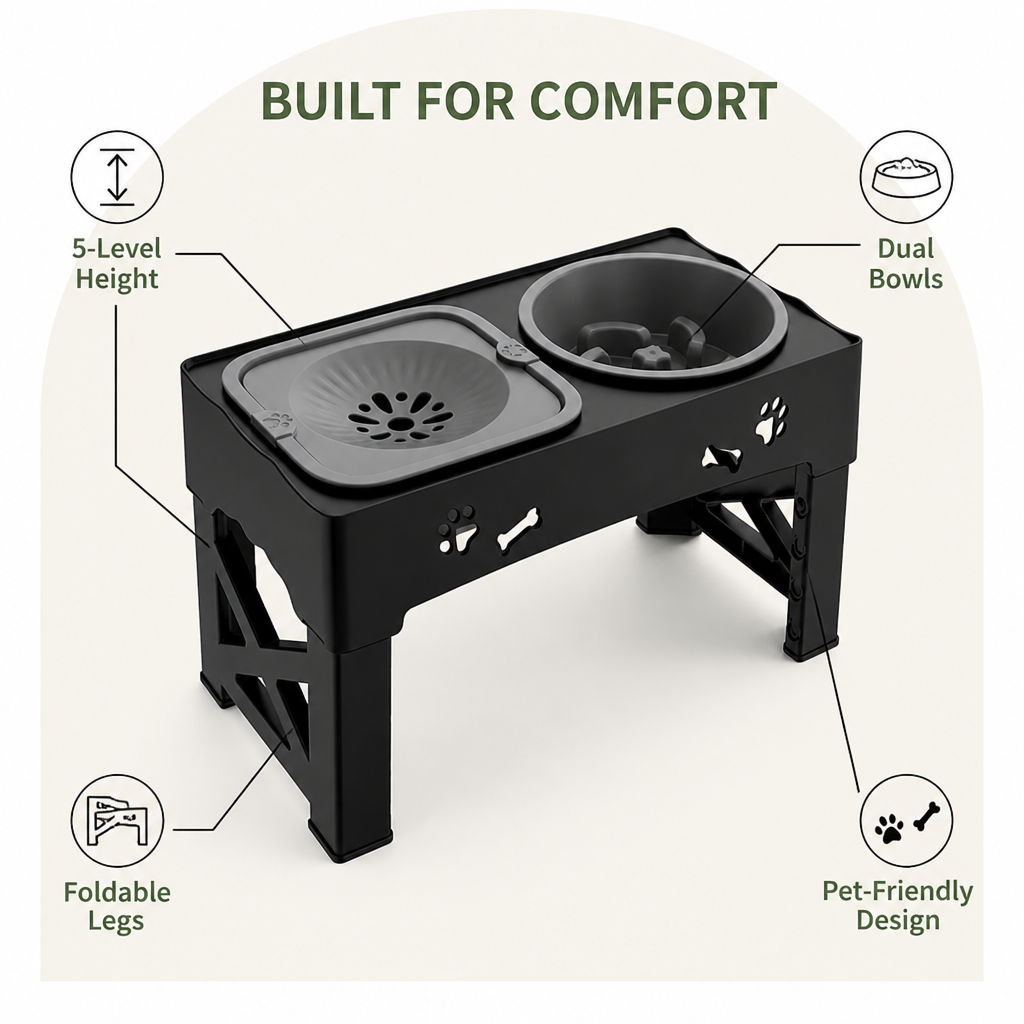 DogBedHouse Adjustable 5-Height Foldable Elevated Pet Feeder