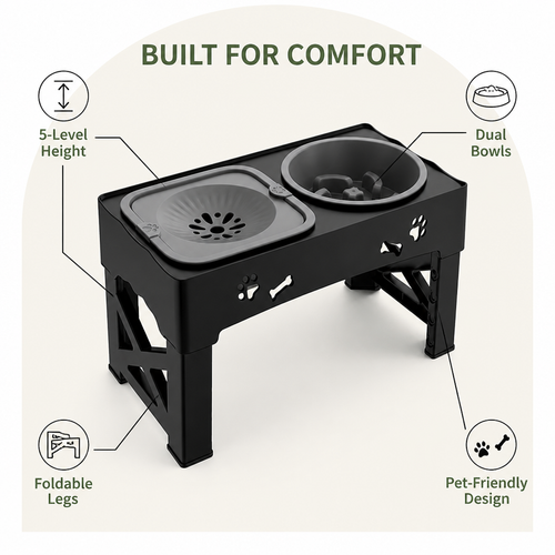 DogBedHouse Adjustable 5-Height Foldable Elevated Pet Feeder