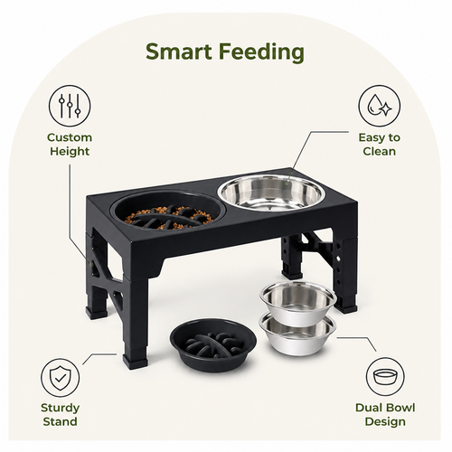 DogBedHouse Adjustable Elevated Double Stainless Steel Bowl Feeder