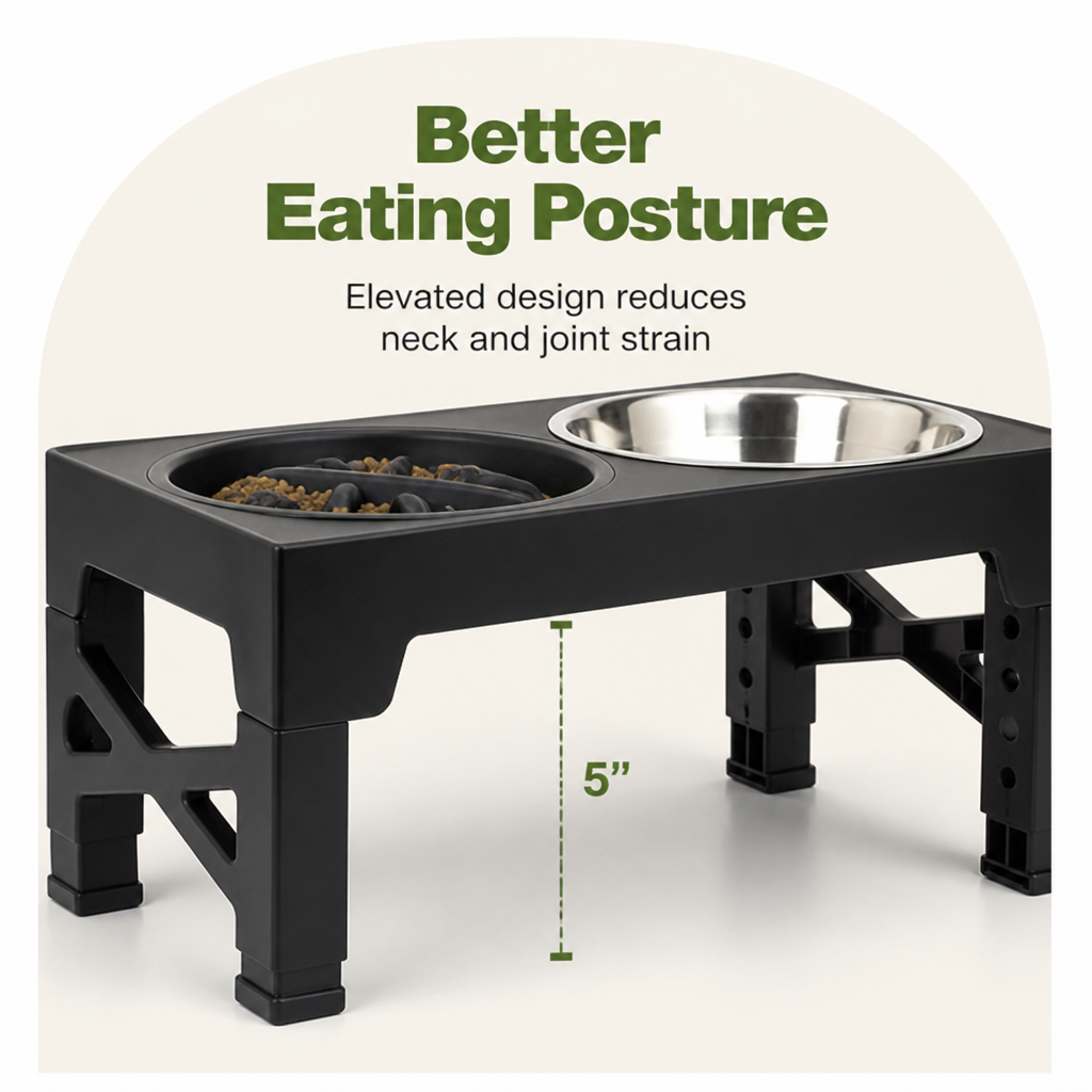 DogBedHouse Adjustable Elevated Double Stainless Steel Bowl Feeder
