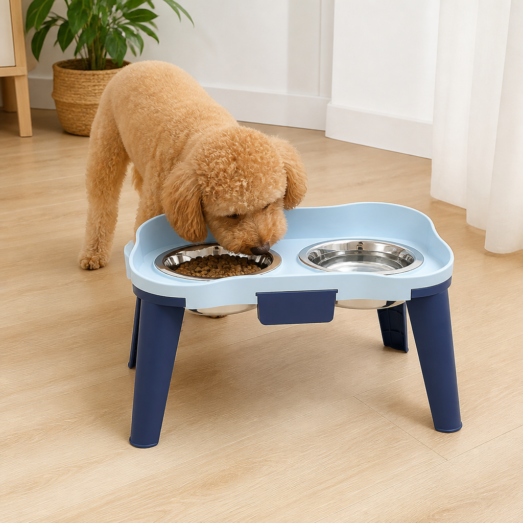DogBedHouse Adjustable Height & Non-Slip Elevated Pet Feeder (Stainless Steel Bowls)