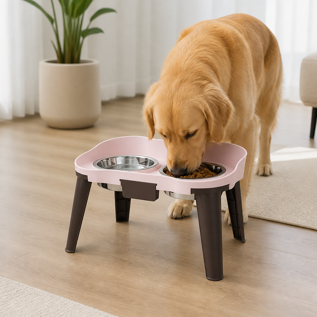 DogBedHouse Adjustable Height & Non-Slip Elevated Pet Feeder (Stainless Steel Bowls)