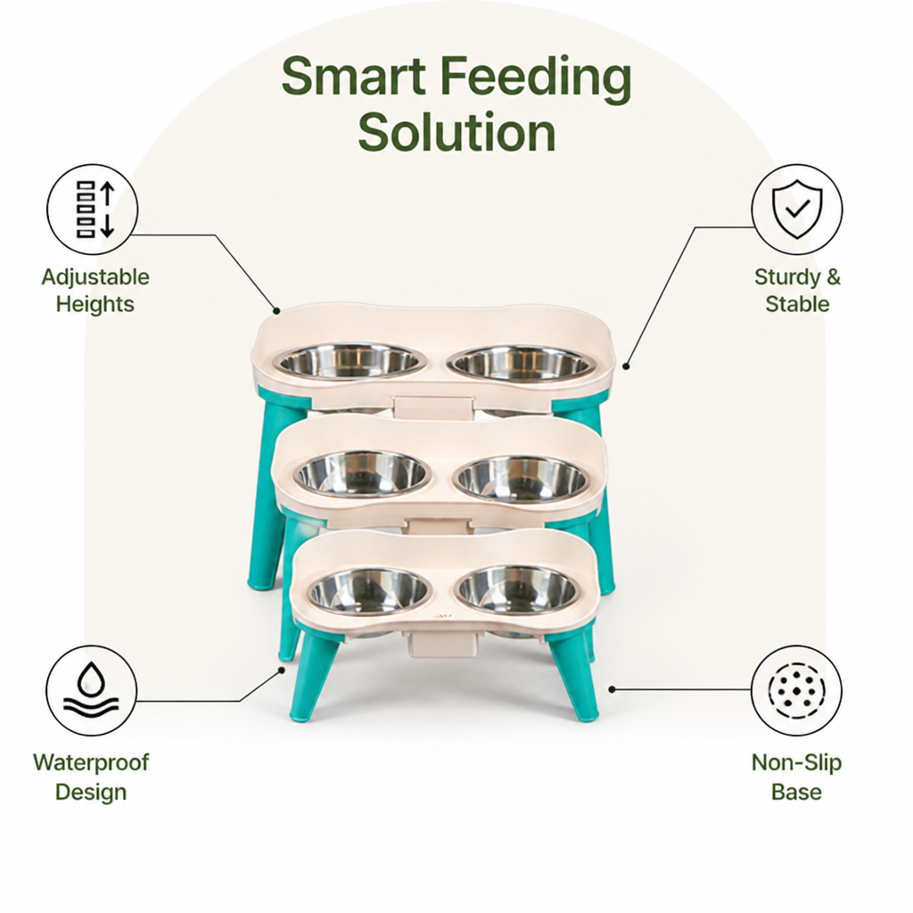 DogBedHouse Adjustable Height & Non-Slip Elevated Pet Feeder (Stainless Steel Bowls)