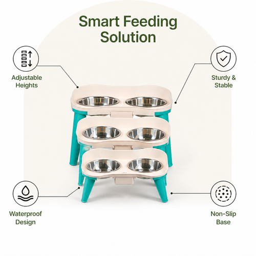 DogBedHouse Adjustable Height & Non-Slip Elevated Pet Feeder (Stainless Steel Bowls)