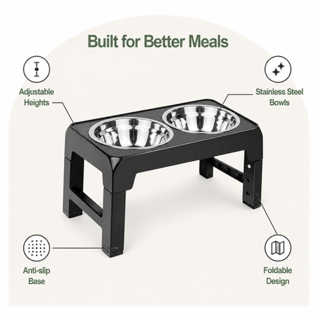 DogBedHouse Adjustable Height Stainless Steel Elevated Dog Feeder (Foldable)