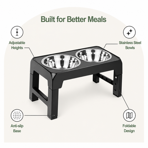 DogBedHouse Adjustable Height Stainless Steel Elevated Dog Feeder (Foldable)