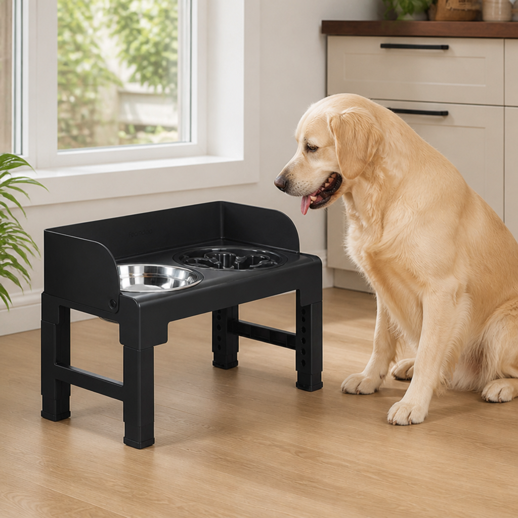 DogBedHouse Adjustable & Tilting Raised Dog Feeder (Stainless Steel Bowls)