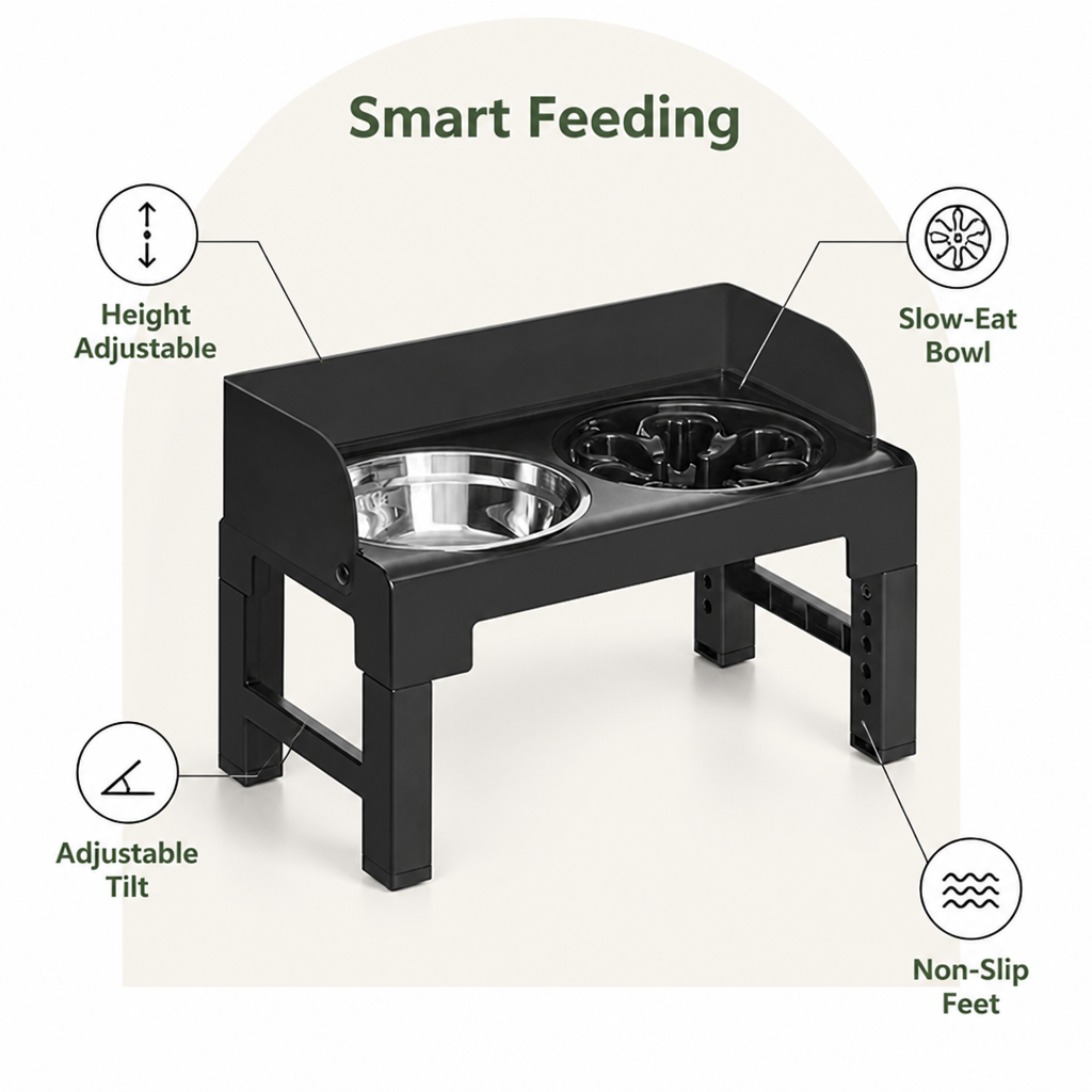 DogBedHouse Adjustable & Tilting Raised Dog Feeder (Stainless Steel Bowls)
