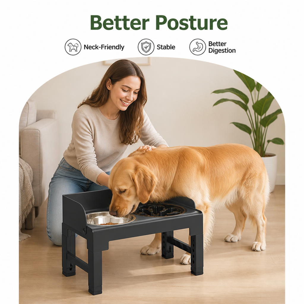 DogBedHouse Adjustable & Tilting Raised Dog Feeder (Stainless Steel Bowls)
