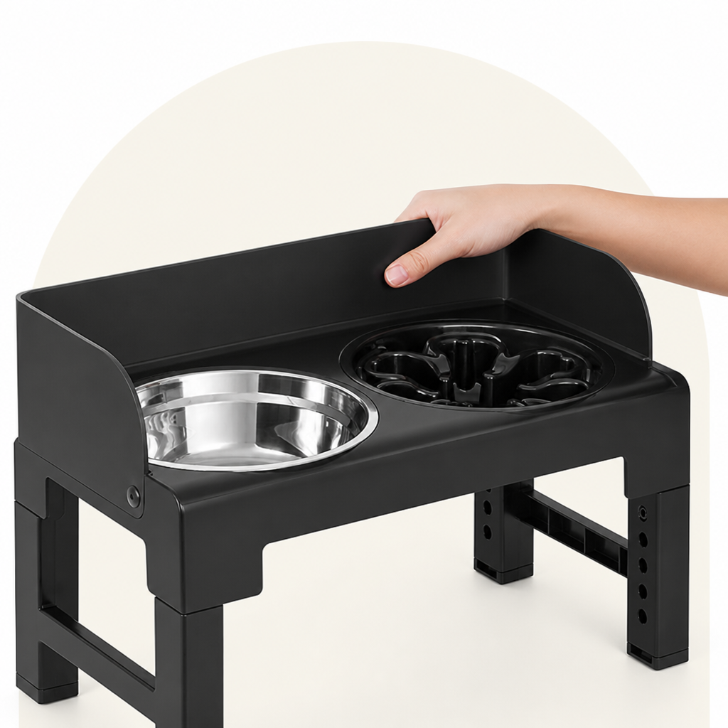 DogBedHouse Adjustable & Tilting Raised Dog Feeder (Stainless Steel Bowls)