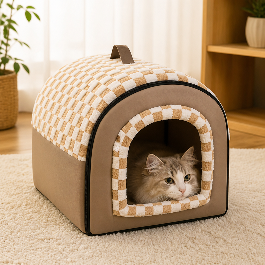 DogBedHouse All-Season Plush Enclosed Cat Bed (Removable & Washable Cover)