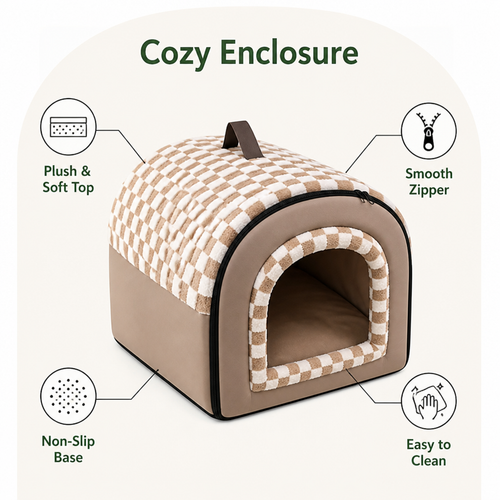 DogBedHouse All-Season Plush Enclosed Cat Bed (Removable & Washable Cover)
