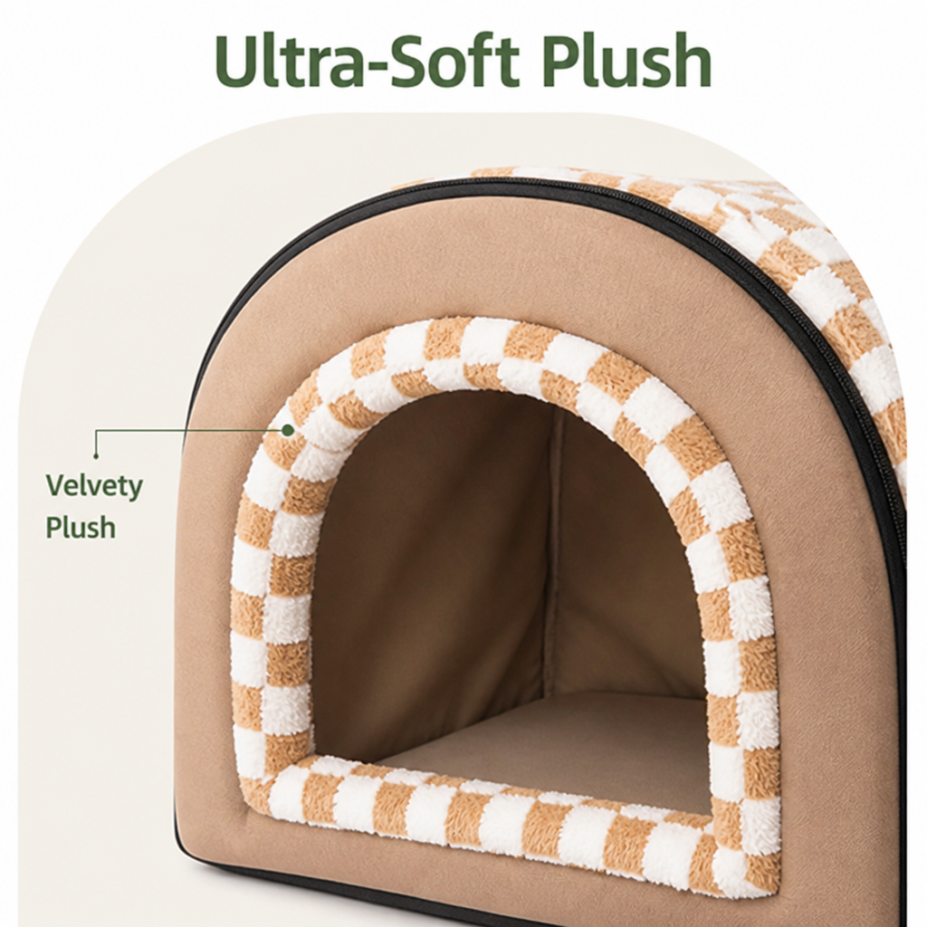 DogBedHouse All-Season Plush Enclosed Cat Bed (Removable & Washable Cover)