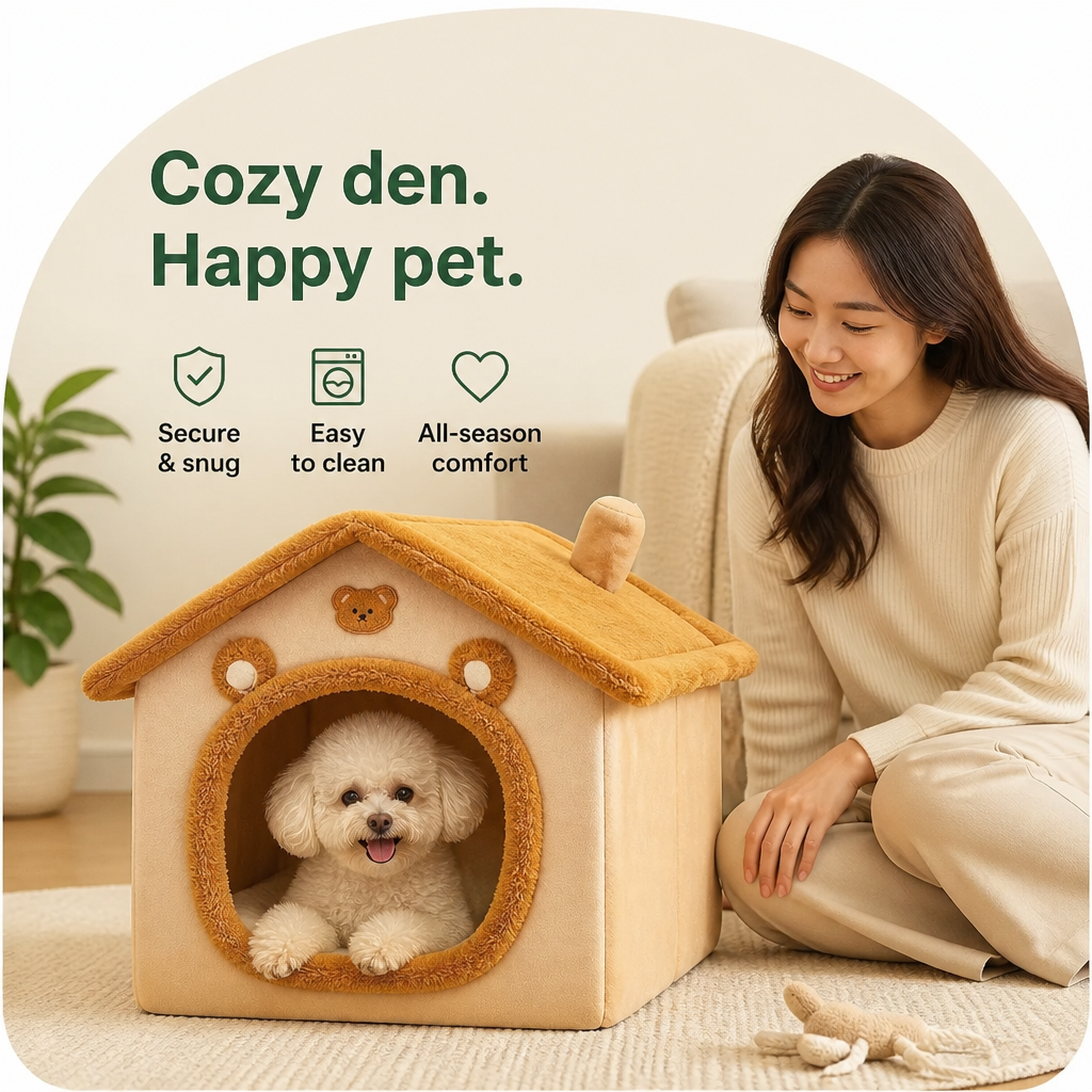 DogBedHouse All-Season Plush Enclosed Dog Bed (Removable Washable Cover)