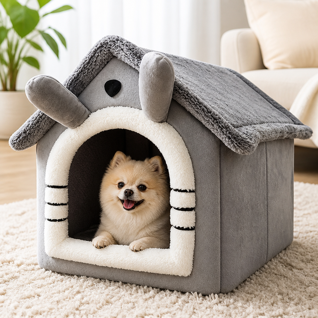 DogBedHouse All-Season Plush Teddy Dog House Bed (Removable Washable Cover)