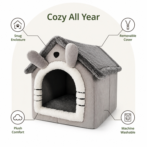 DogBedHouse All-Season Plush Teddy Dog House Bed (Removable Washable Cover)