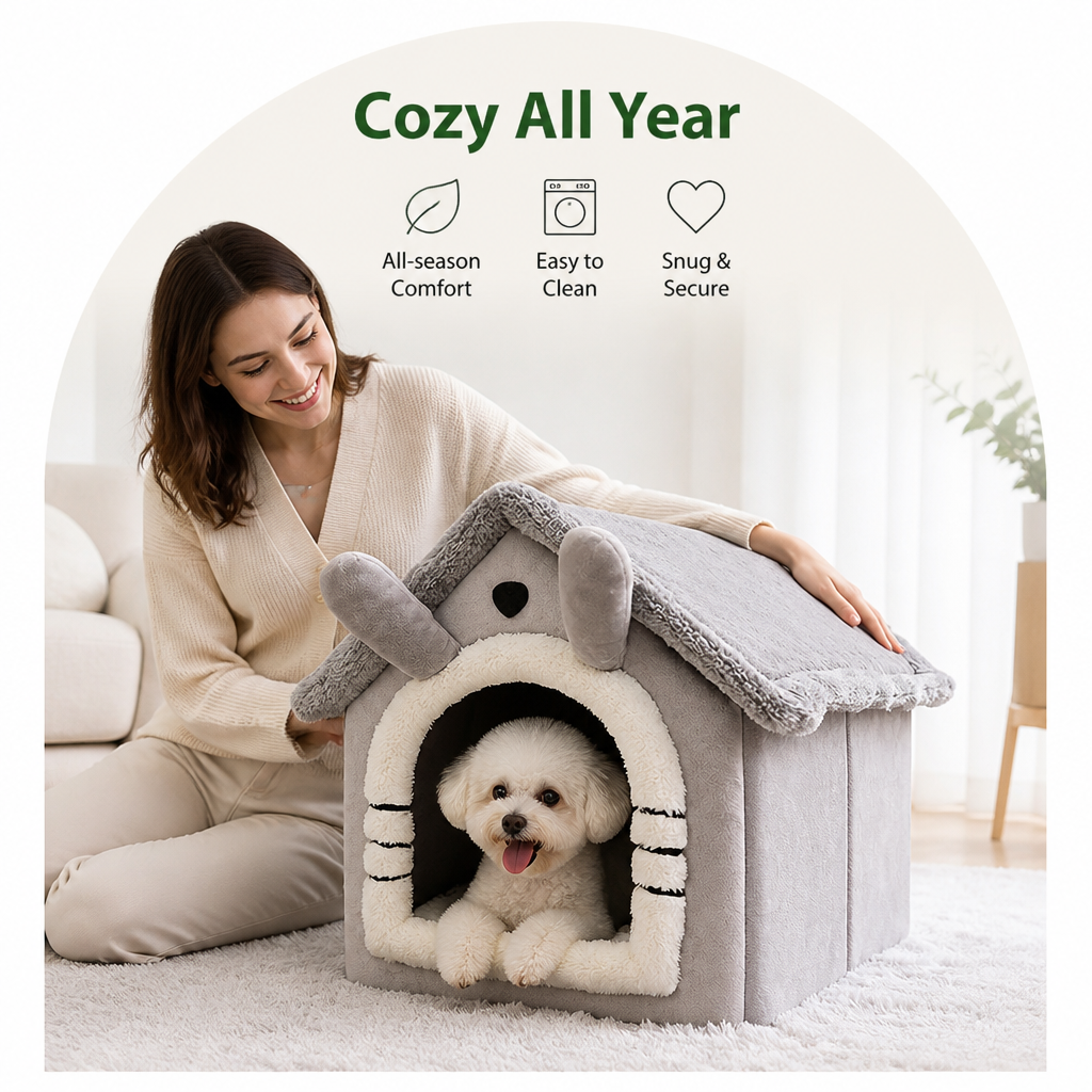 DogBedHouse All-Season Plush Teddy Dog House Bed (Removable Washable Cover)