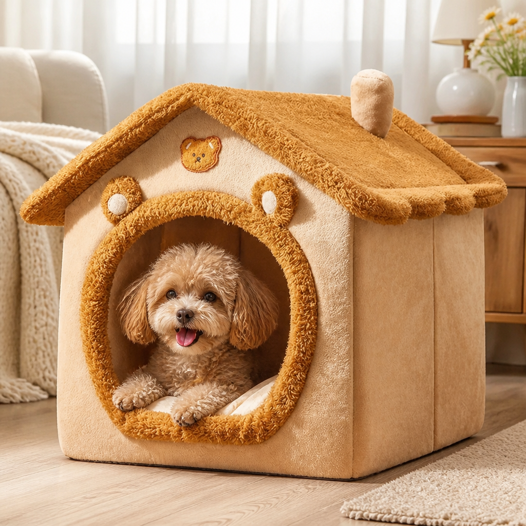 DogBedHouse All-Season Plush Teddy Dog House Bed (Removable Washable Cover)