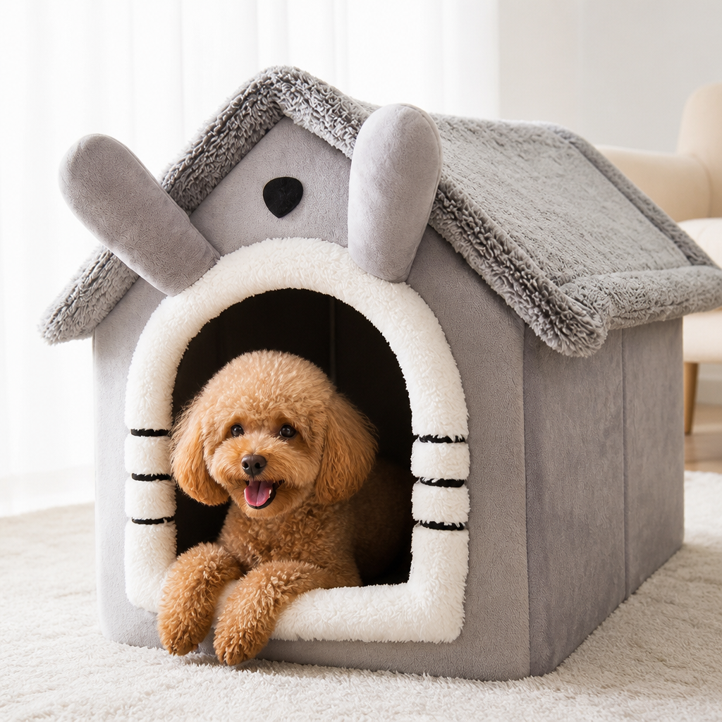 DogBedHouse All-Season Plush Teddy Dog House Bed (Removable Washable Cover)