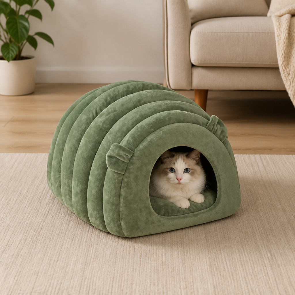 DogBedHouse Arctic Cashmere Half-Enclosed Cat Bed (Removable Washable Cushion)