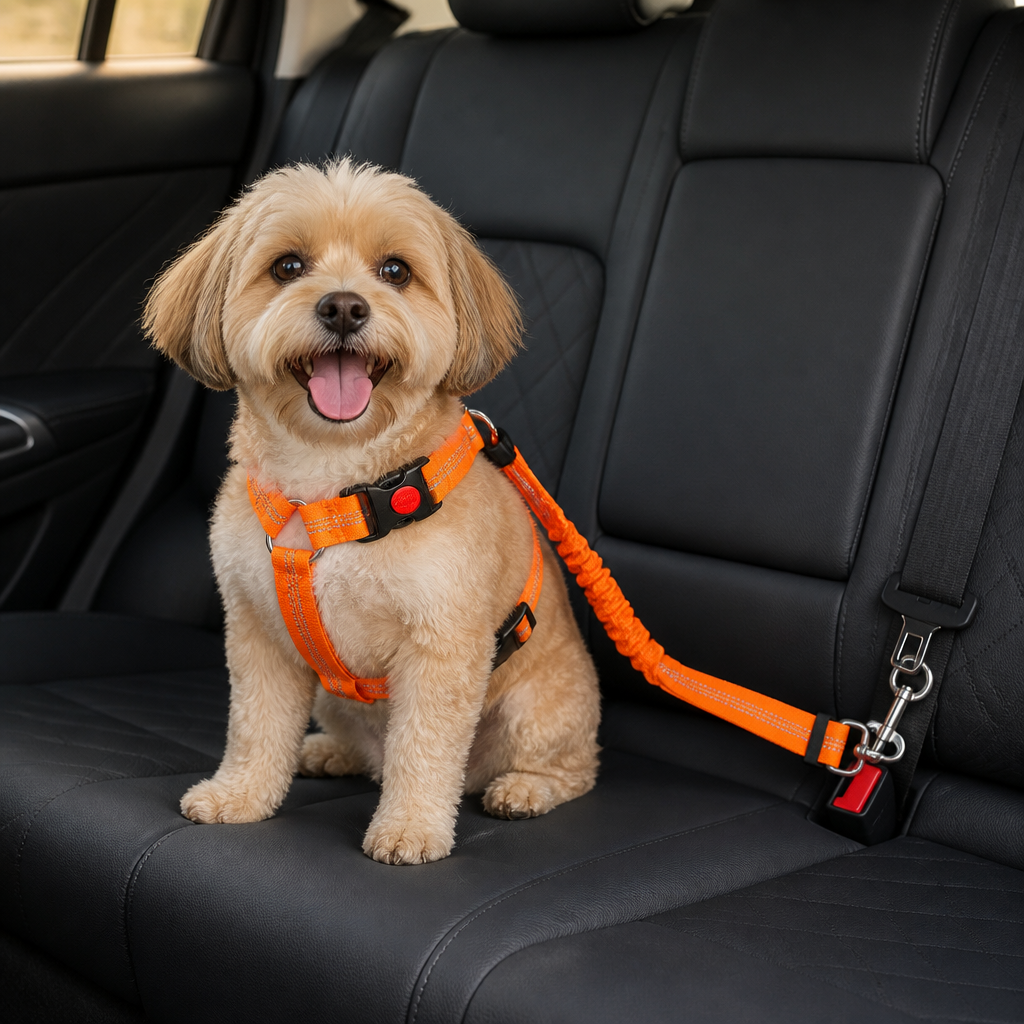 DogBedHouse Bungee Shock-Absorbing & Reflective Car Seat Leash (For Small-Medium Dogs)