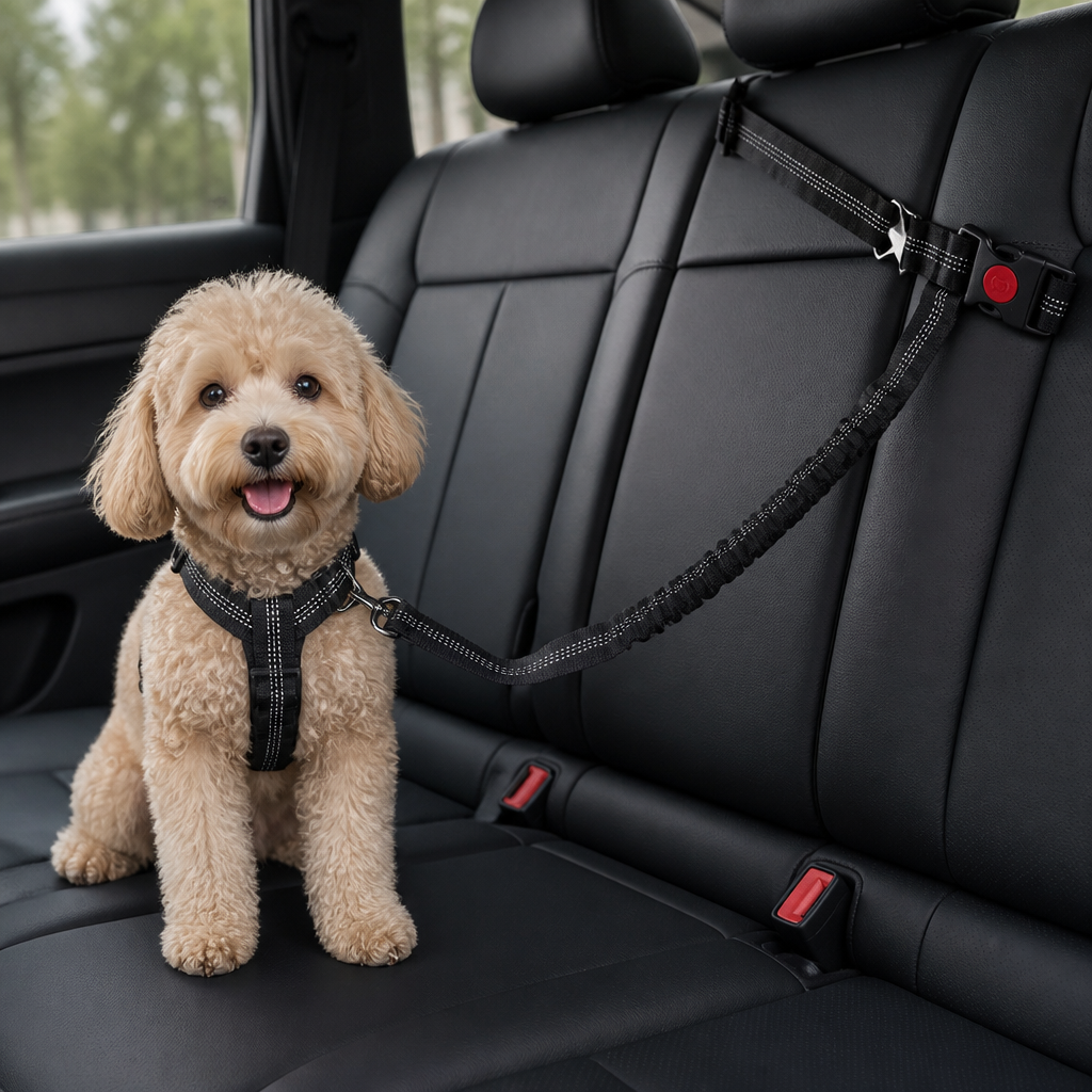 DogBedHouse Bungee Shock-Absorbing & Reflective Car Seat Leash (For Small-Medium Dogs)
