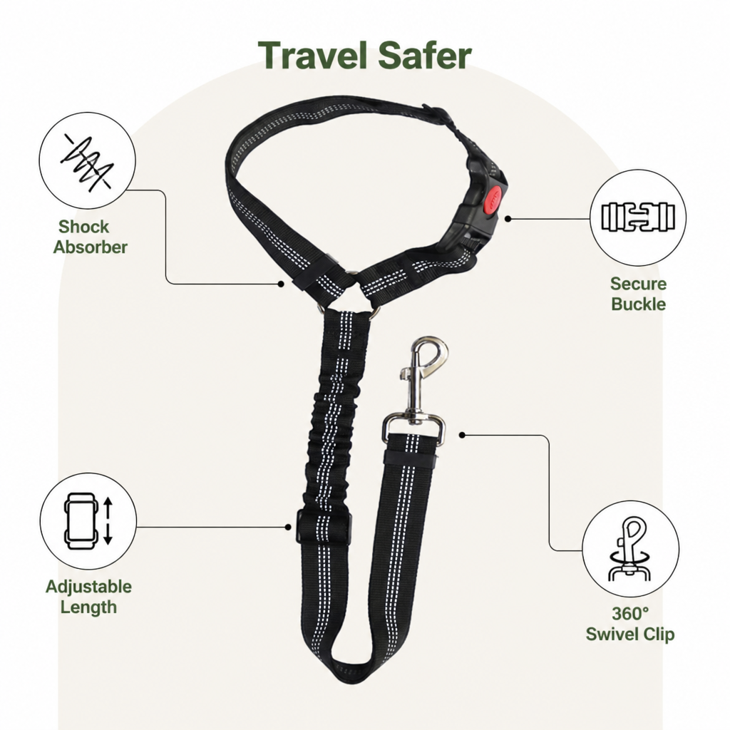 DogBedHouse Bungee Shock-Absorbing & Reflective Car Seat Leash (For Small-Medium Dogs)