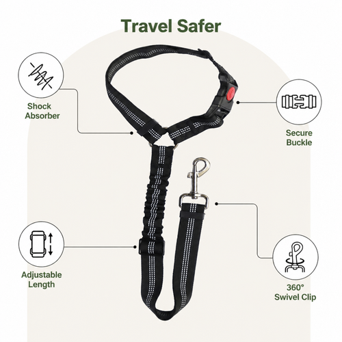 DogBedHouse Bungee Shock-Absorbing & Reflective Car Seat Leash (For Small-Medium Dogs)