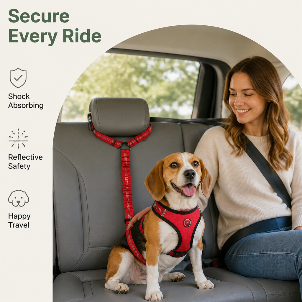 DogBedHouse Bungee Shock-Absorbing & Reflective Car Seat Leash (For Small-Medium Dogs)