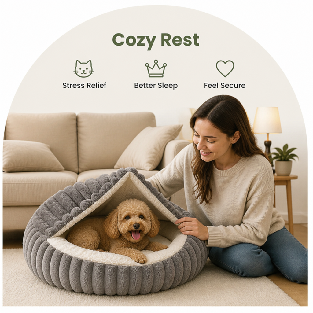 DogBedHouse Calming Hooded & Non-Slip Pet Bed (For Cats & Small Dogs)