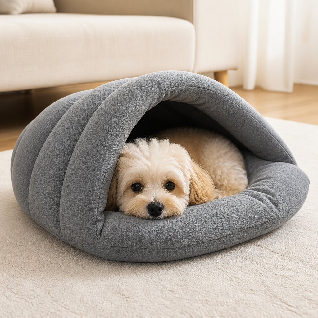 DogBedHouse Calming Plush Fleece Pet Cave Bed