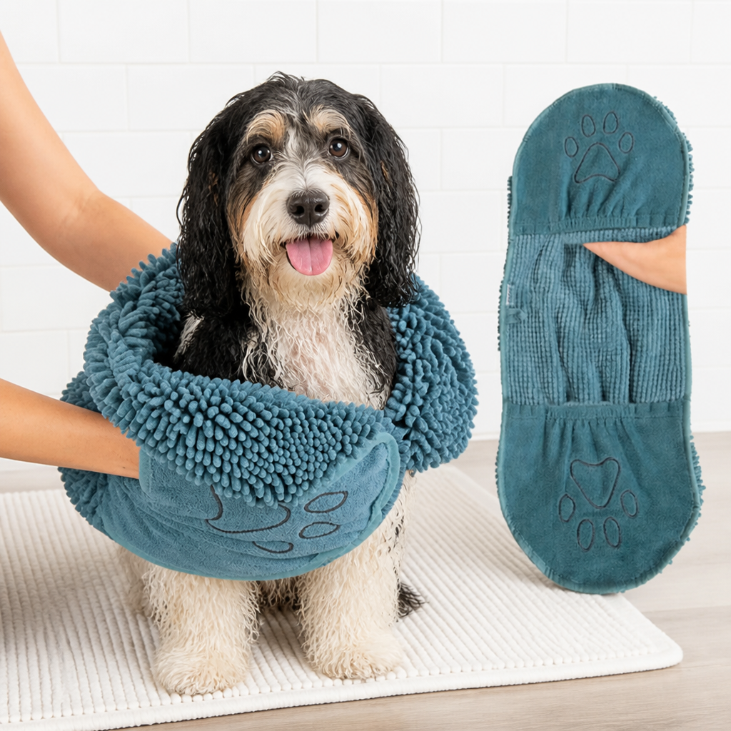 DogBedHouse Chenille Microfiber Quick-Drying Pet Bath Towel (Double Hand Pockets)