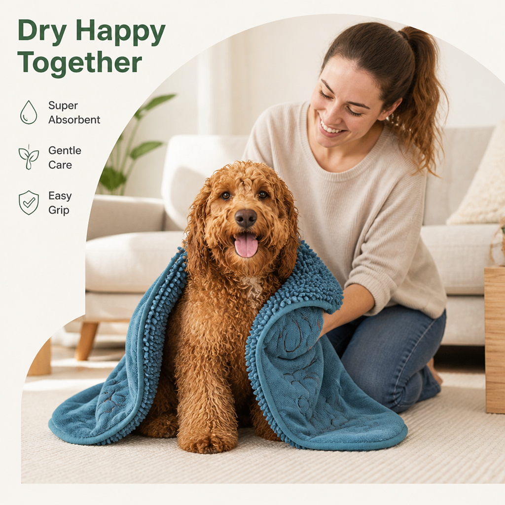 DogBedHouse Chenille Microfiber Quick-Drying Pet Bath Towel (Double Hand Pockets)