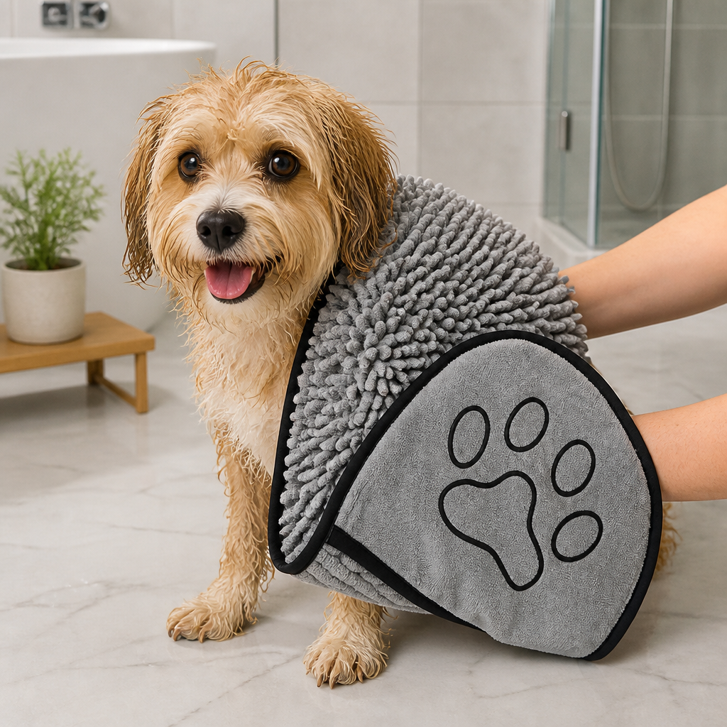 DogBedHouse Chenille Microfiber Quick-Drying Pet Bath Towel (Double Hand Pockets)