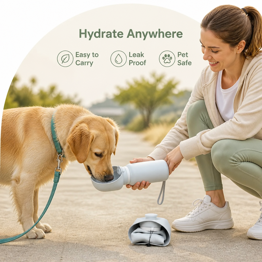 DogBedHouse Collapsible & Leak-Proof Travel Water Bottle (Built-In Drinking Tray)
