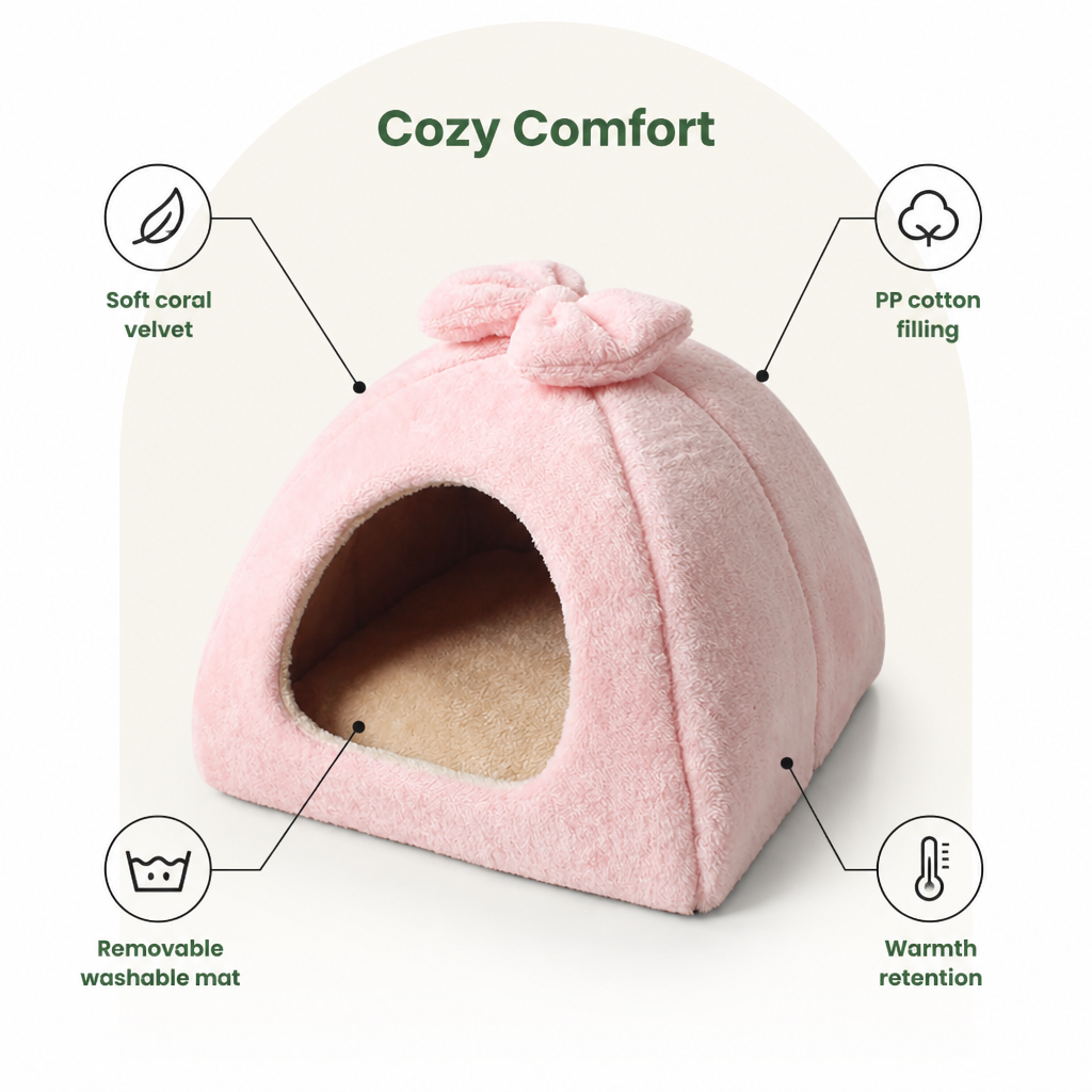 DogBedHouse Coral Velvet Lining Pet Bed (Removable Washable Mat)