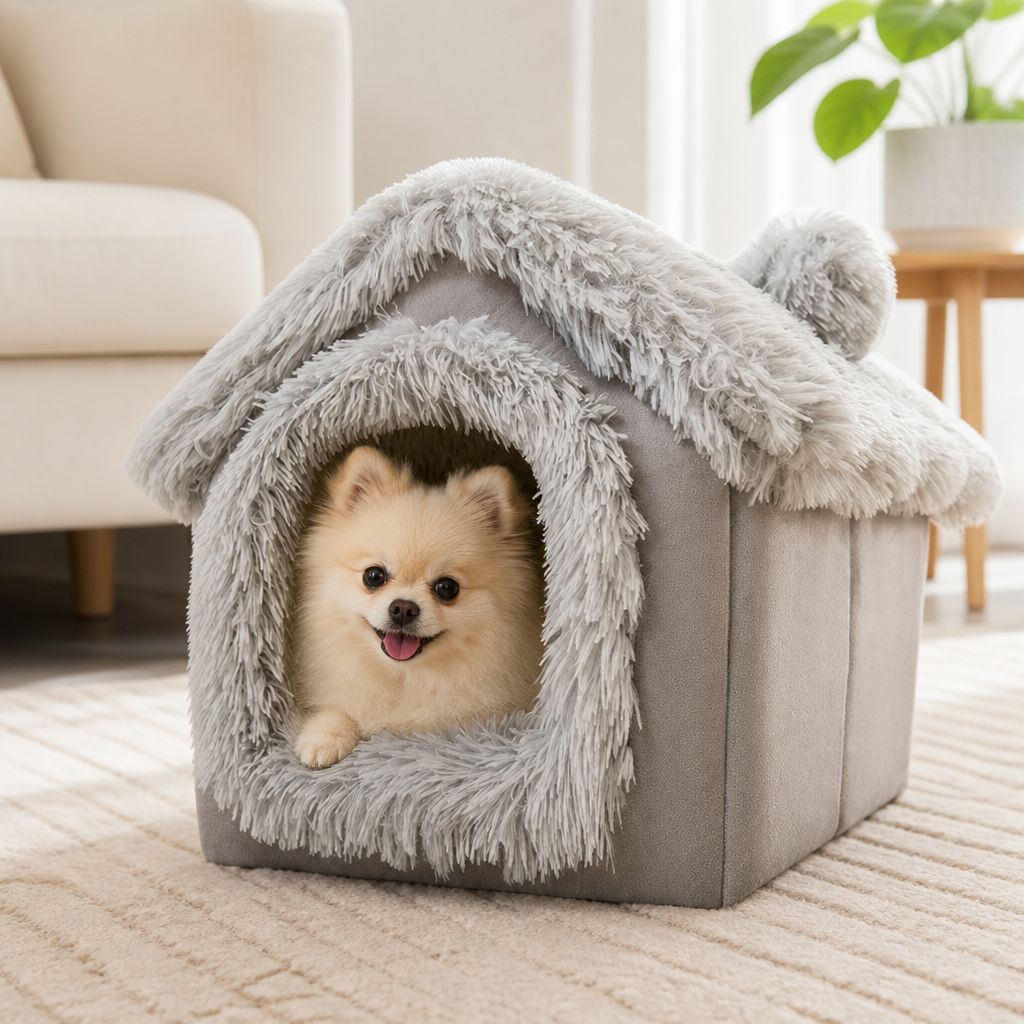 DogBedHouse Coral Velvet & PP Cotton Cave Dog Bed (Removable Cushion)