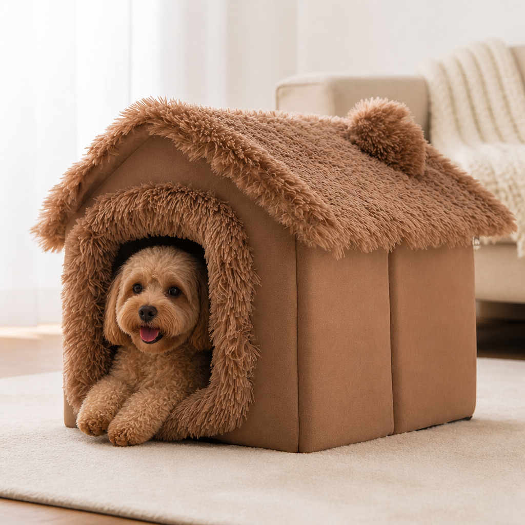 DogBedHouse Coral Velvet & PP Cotton Cave Dog Bed (Removable Cushion)