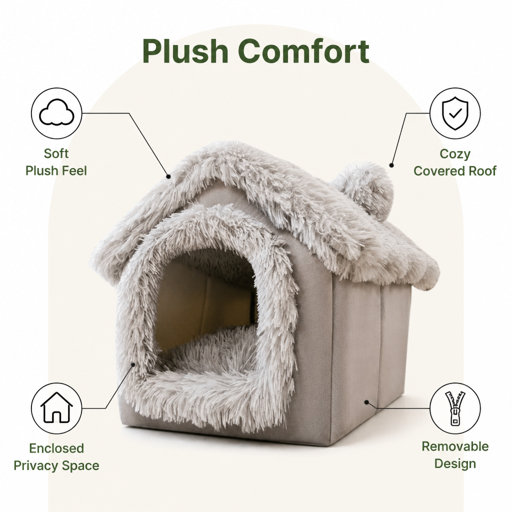 DogBedHouse Coral Velvet & PP Cotton Cave Dog Bed (Removable Cushion)
