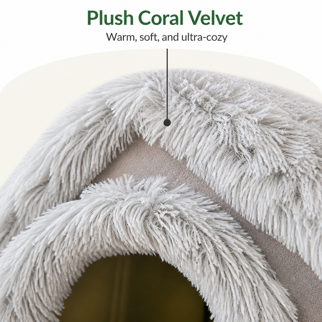 DogBedHouse Coral Velvet & PP Cotton Cave Dog Bed (Removable Cushion)
