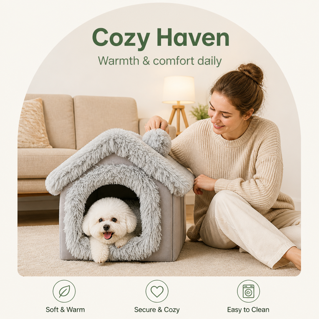 DogBedHouse Coral Velvet & PP Cotton Cave Dog Bed (Removable Cushion)