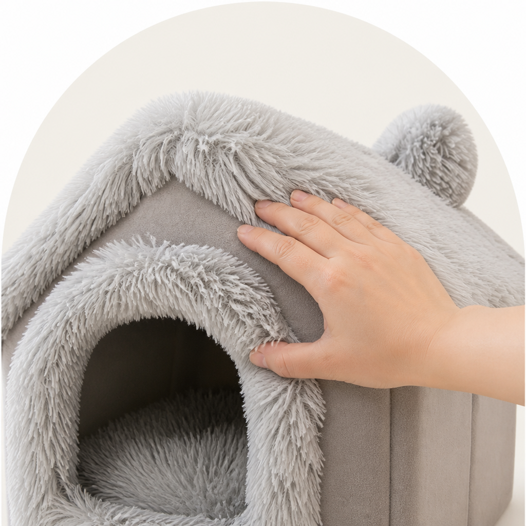 DogBedHouse Coral Velvet & PP Cotton Cave Dog Bed (Removable Cushion)