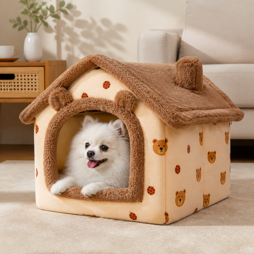 DogBedHouse Coral Velvet & PP Cotton Cave Dog Bed (Removable Cushion)