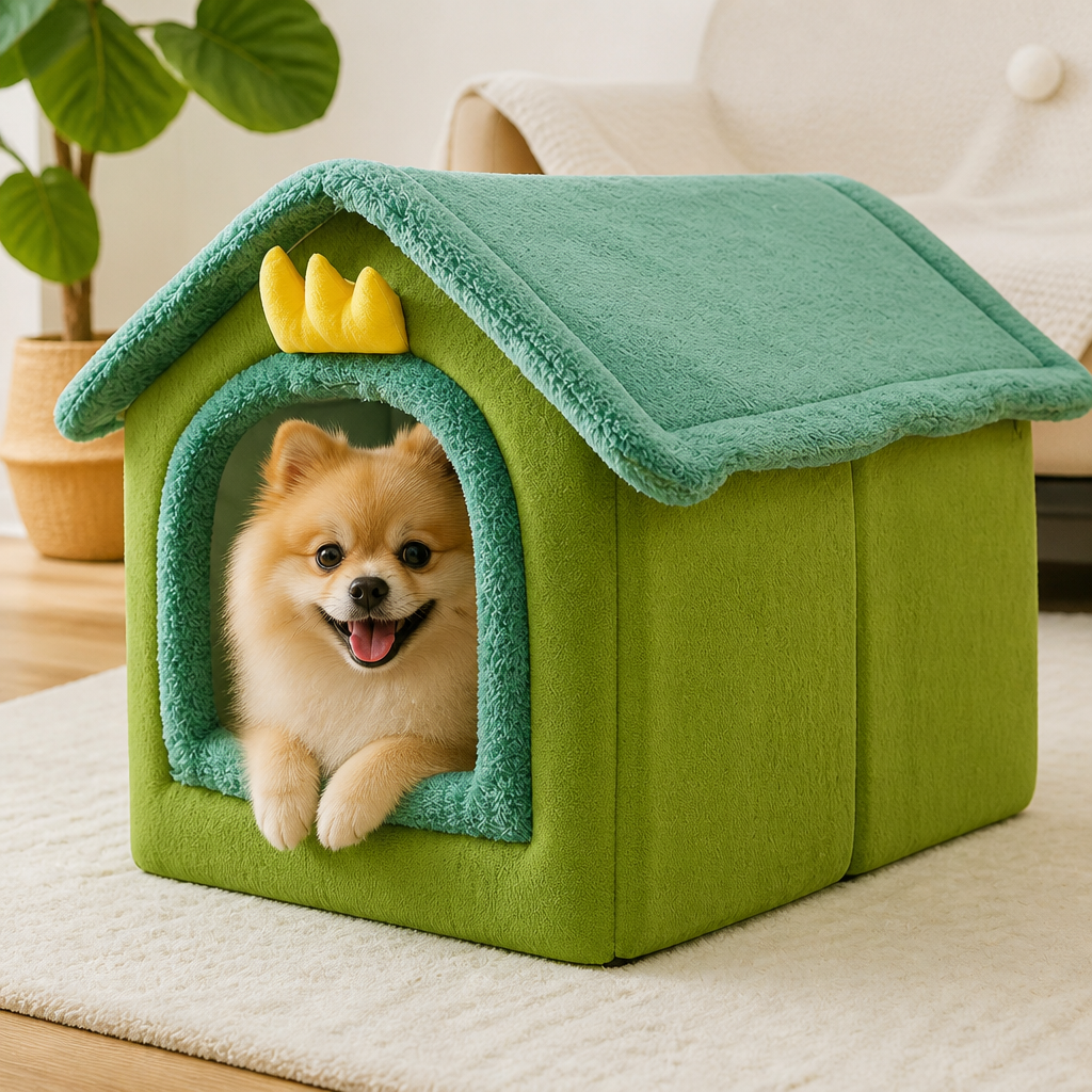 DogBedHouse Coral Velvet & PP Cotton Cave Dog Bed (Removable Cushion)