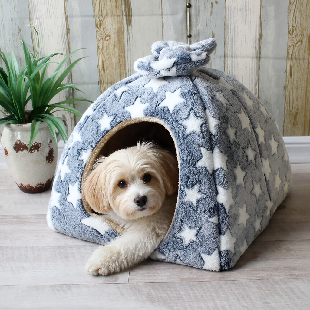 DogBedHouse Coral Velvet & PP Cotton Enclosed Pet Bed (Removable & Washable Cover)