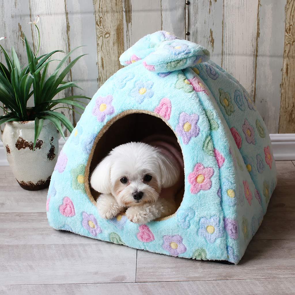 DogBedHouse Coral Velvet & PP Cotton Enclosed Pet Bed (Removable & Washable Cover)