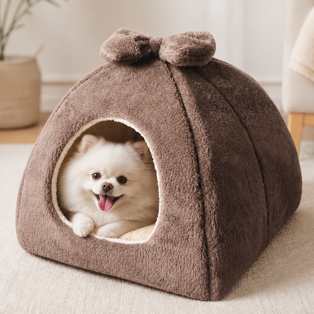 DogBedHouse Coral Velvet & PP Cotton Enclosed Pet Bed (Removable & Washable Cover)