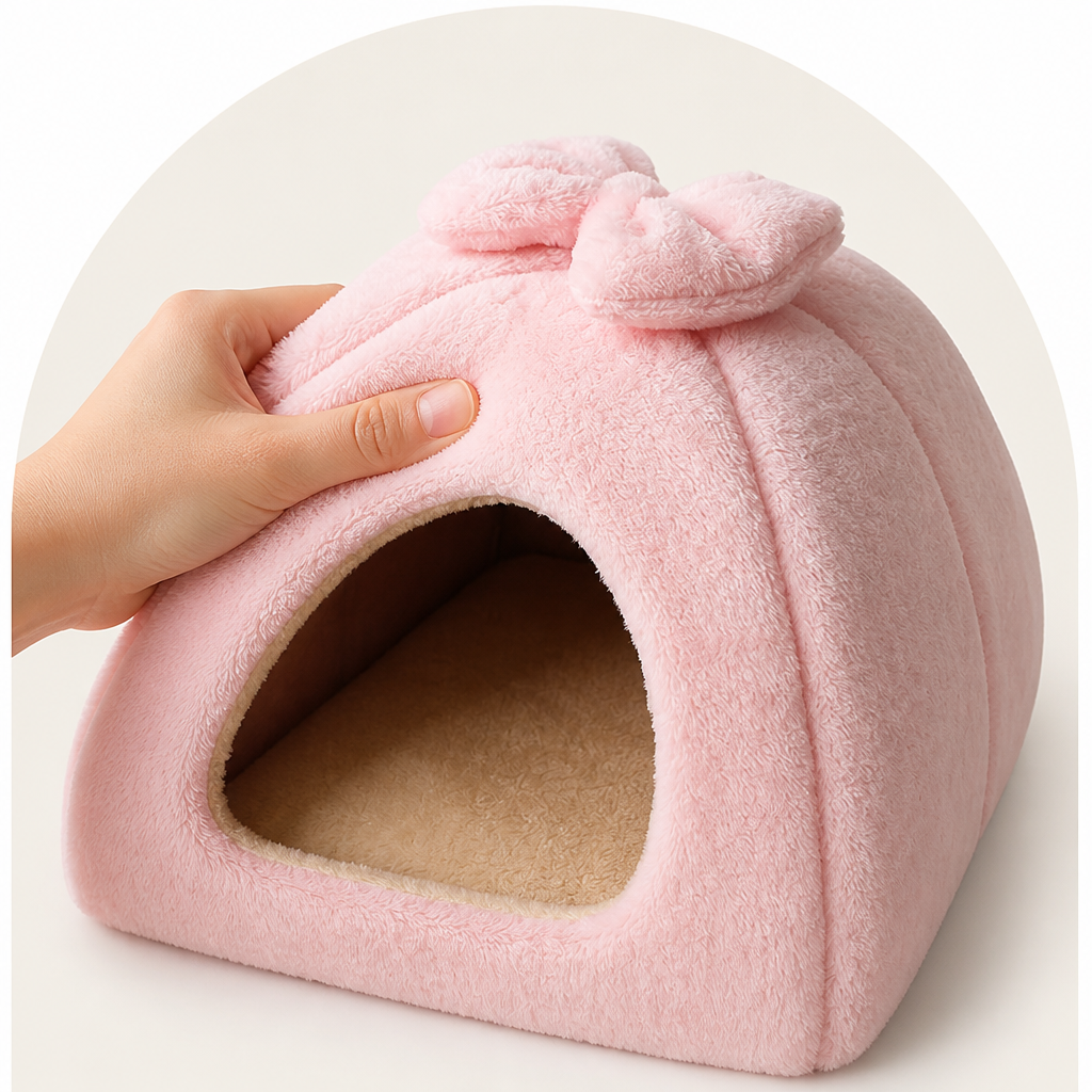 DogBedHouse Coral Velvet & PP Cotton Enclosed Pet Bed (Removable & Washable Cover)