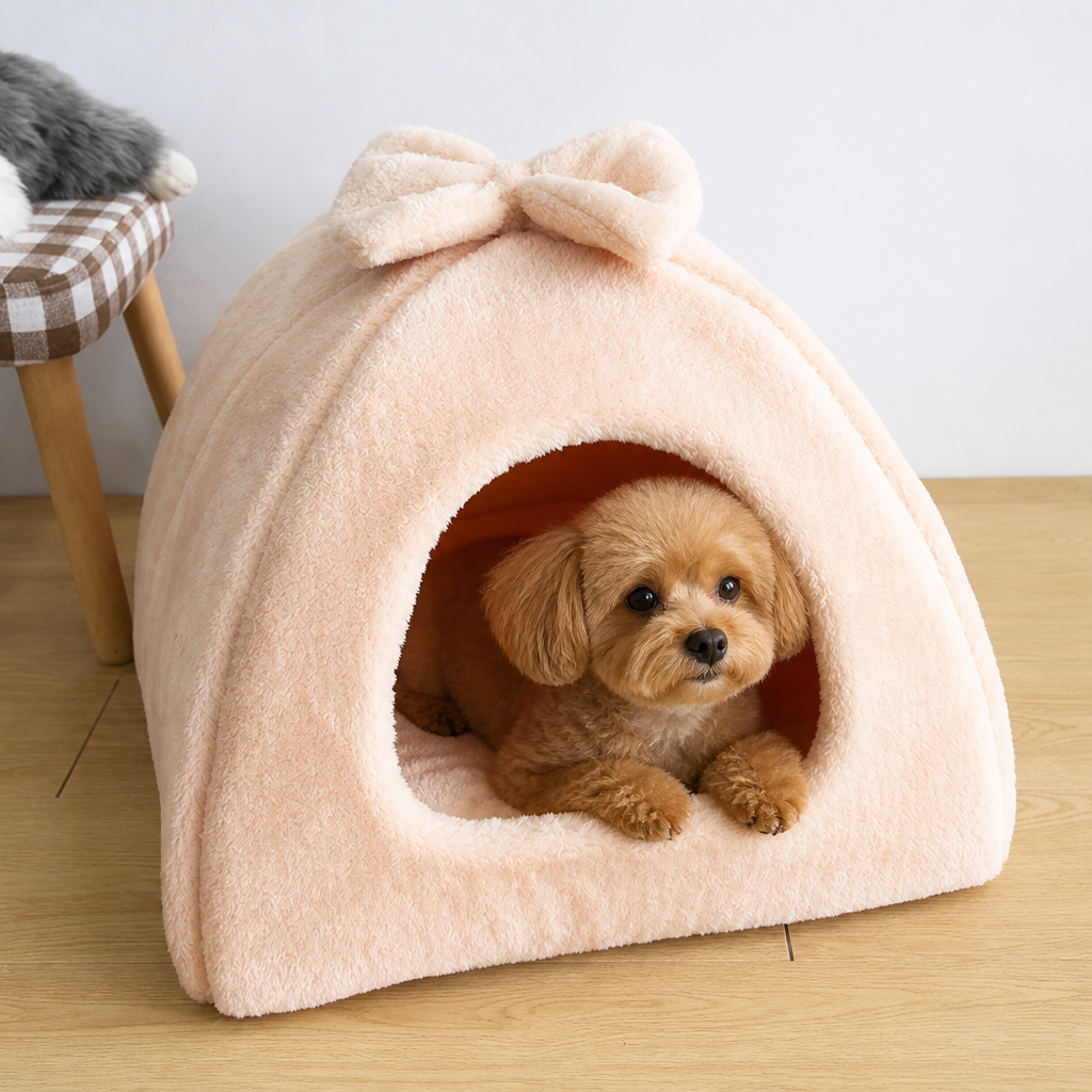 DogBedHouse Coral Velvet & PP Cotton Enclosed Pet Bed (Removable & Washable Cover)